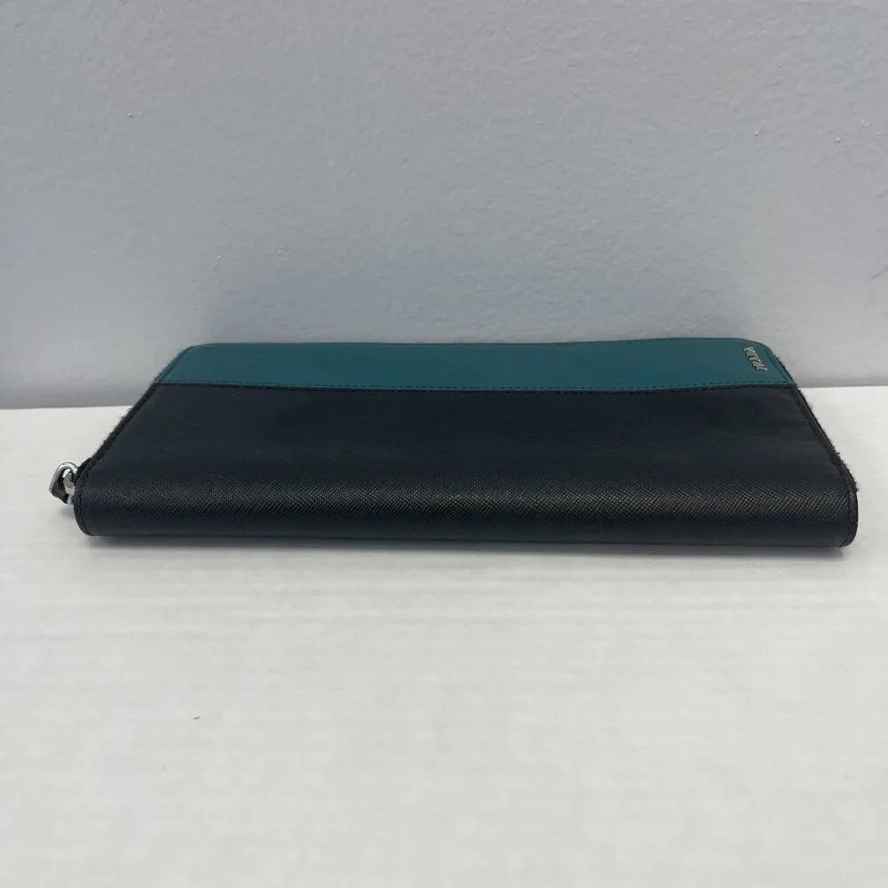 Prada Saffiano Leather Organizer Zippy Wallet in Black and Turquoise - Preowned